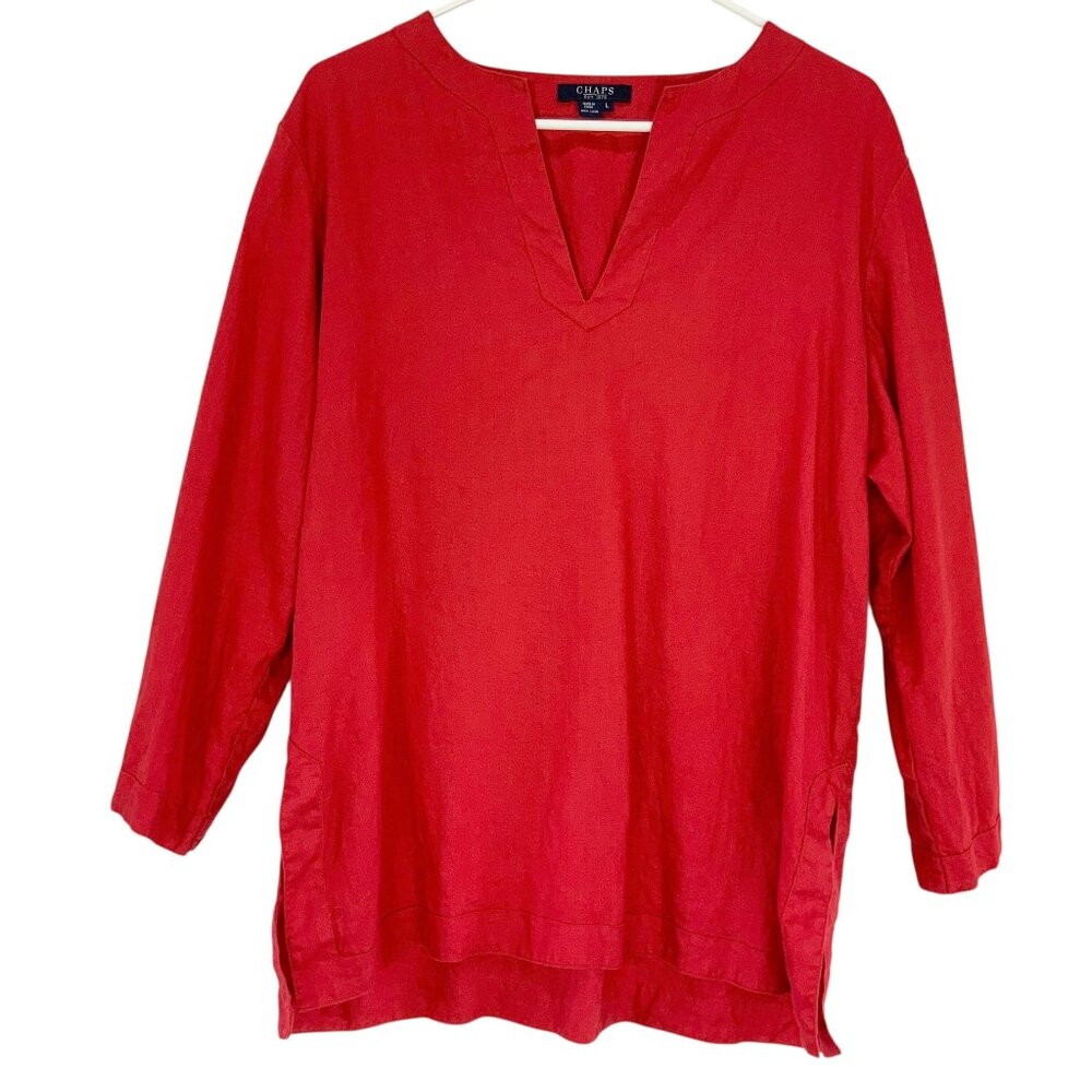 Chaps Red Linen Blouse Top Size L Pullover V-Neck 3/4 Sleeve Side Slit